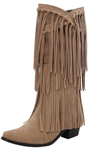 HSyc JRX Stivali da cowboy da donna con frange, tacco alto, beige., 44 EU