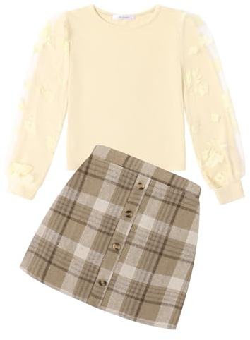 Arshiner flickklädset elegant långärmad skjorta med kjolset barn höst vinter outfit rutig fritid mode tvådelad klädset för flickor 5–13 år, Khaki och brun, 9-10 år