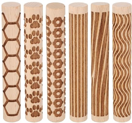 sourcing map 6pcs Wood Clay Roller 4 Wood Grain Pattern Rolling Pins Wood Rollers Pottery Tools Wood Grain Texture Rollers for Clay Baking Dough Playdough DIY