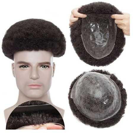 Echthaar Toupet für Männer Afro-Toupet for schwarze Männer, 6 mm Afro-Kinky-Curl-Haarteilperücke for Herren, 20,3 x 25,4 cm, Voll-PU-Basis, V-Loop-Haarprothese for Männer, 130 % Dichte, Echthaareinhei