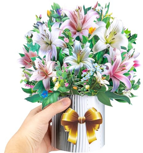 CNLITIHEKA Lily Paper Pop-Up Flower Card, Mother's Day Flower Bouquet Card, Teacher's Day Card, with Note Card and Envelope, Get Well Cards, Happy Holiday Card for Mom, Teacher, Friends.