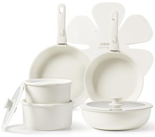 CAROTE Set di Pentole e Padelle 15 Pezzi Bianche con Rivestimento Effetto Granito, Manici Rimovibili, Antiaderente, Pentole ad Induzione, per Forno, Lavastoviglie, Salvaspazio, Senza PFOA
