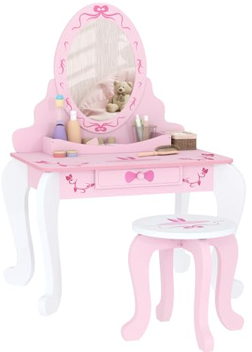 AIYAPLAY, set tavolo da toeletta per bambini, tavolo da toeletta a due pezzi con sgabello, specchio, cassetto, spazio di archiviazione sul desktop, tema del balletto, tavolo da trucco per ragazze