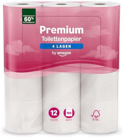 by Amazon Premium Toilettenpapier, 4-lagig, 12 Rollen, 1er-Pack, 160 Blatt pro Rolle, FSC-zertifiziert