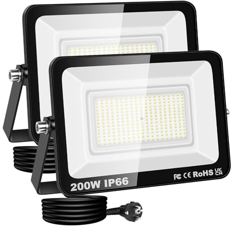 RIGIDON Focos Led Exterior & Interior con Enchufe, 2x 200W 20000 LM Foco de Luz, Proyector LED para Jardín Patio Plaza Garaje Terraza Estadio Trabajo, IP66 Impermeable 6000K Blanco Frío Iluminacion