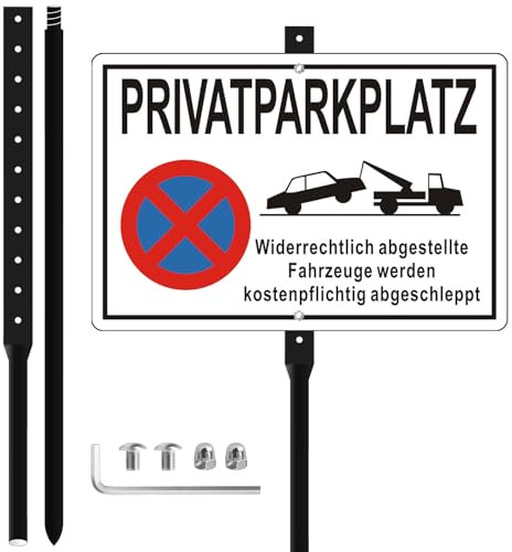 35 × 25 cm Privatparkplatz Schild, PVC Kunststoffplatte, Wetterfest und Rostfrei, mit Schrauben, Muttern, Schlüssel und Pfosten, für Grundstücke & Einfahrt (Schwarz + Weiß)