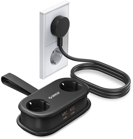ORICO 65W GaN Mehrfachsteckdose mit 6-in-1-Ladeanschlüssen (2 AC-Steckdosen/2 USB-A/2 USB-C), Flachstecker und 1,6m Verlängerungskabel, Schwarz – Schnellladegerät für Reisen, Zuhause, Büro