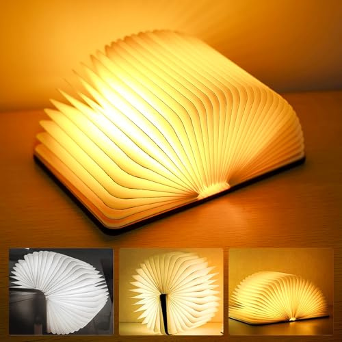 360° Faltbare Buchlampe, 12x9x2.5cm Hölzerne Buch Lampe mit 3 Farben, USB Aufladbar Batteriebetriebene Book Lamp, Led Buchlampe/Tischleuchte/Dekorative Lichter, für Kinder, Geschenk, Home Decor