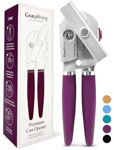 Graceliving Premium Multifunction Magnetic Manual Can Opener and Bottle Opener, Heavy Duty Stainless Steel Sharp Cutting Blade and Oversized Easy Turn Knob, Soft-Touch Handle, Kitchen Use, Mauve