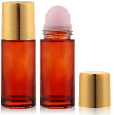 RAMFIYN 2 pack 1.7oz Large Amber Glass Roll on Bottles for Essential Oils Perfume Refillable Roller Ball Applicator Empty Deodorant Containers with Crystal Rollerball, Pink