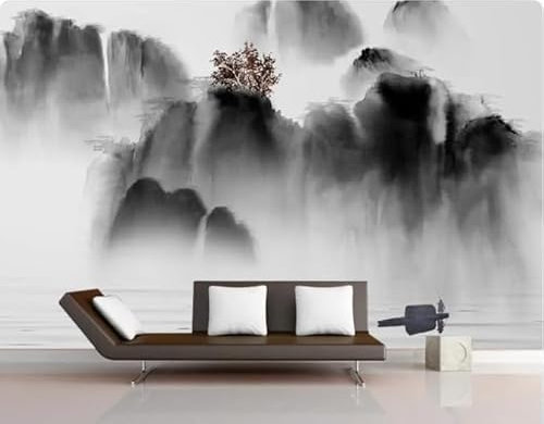XLMING Black and White Ink Tree Boat Landscape 3D Wallpaper Home Study Office Grey Dining Room Sofa Bedroom Living Room TV Backdrop-430cm×300cm