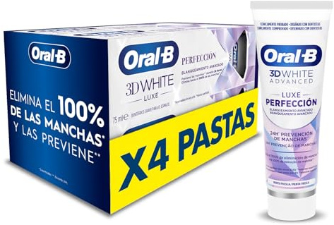 Oral-B 3D White Advanced Luxe Perfection Dentífrico Blanqueador, 4x75 ml | Blanqueamiento Avanzado, Eliminación de Manchas, Pasta de Dientes con Flúor, Sabor a Hierbabuena Fresca