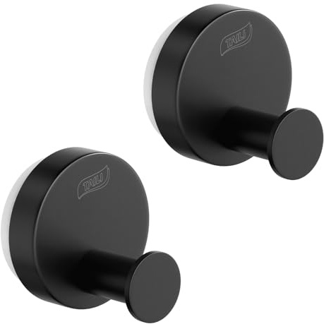 TAILI Crochet Ventouse pour Salle de Bain Sans Perçage,Rond,Type B,Noir | 2 Pièces Acier Inoxydable, Réutilisable Porte Serviette Ventouse Puissante, Patère Murale pour Serviette, Peignoir