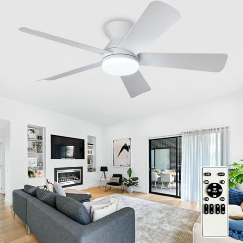 Depuley Ventilador de techo moderno con luz: Ventiladores pequeños blancos de 42 pulgadas para dormitorio - Ventiladores de techo empotrable regulables con mando a distancia 5 aspas blancas invertidas