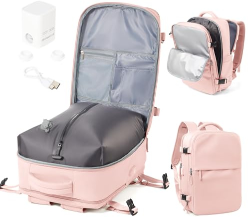 WEPOET Sac a Dos Compression sous Vide Homme Femme Sac Airbag Travel sous Vide Imperméable Sac à Dos Voyage Cabine Avion 40x30x20 Saca Sos Ordinateur Portable 14 Pouces Port USB-Rose