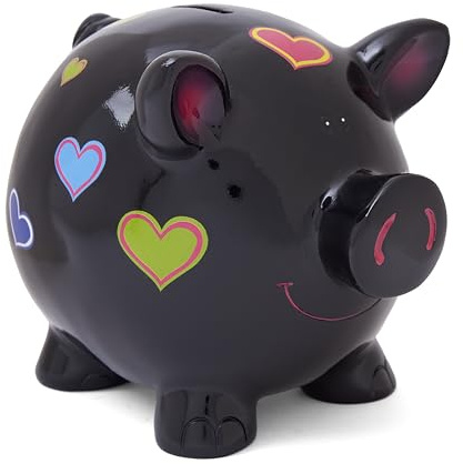 Mousehouse Gifts - Large Patterned Pig wih Flowers and Hearts Piggy Bank Money Box for Girls, Children & Adults (Black with Hearts)