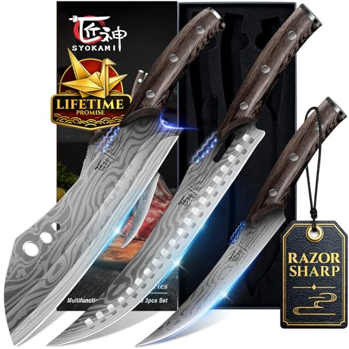 SYOKAMI Fleischermesser Set, 3-tlg, Küchenmesser zum Schneiden von Fleisch | Hackmesser, Ausbeinmesser & Zerlegemesser, Japanischer Stil aus Hochkohlenstoffstahl, Zum Hacken, Schneiden, Ausbeinen