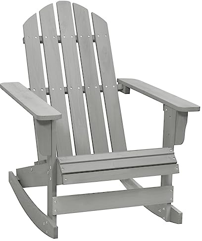 Makastle Adirondack-Schaukelstuhl mit Breiten und Rückenlehne, Gartenstuhl mit Schaukeldesign für Terrasse Balkon, 110KG Belastbar, Grau 70 x 91.5 x 92 cm Holz