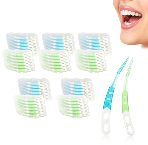 Ferizzia 120 Stück Interdentalbürsten, Gebogene Form Zahnzwischenraumbürste | Weiche Silikon Zahnreinigung Zwischenräume, für Reinigung Zwischen Erhaltung der Mundgesundheit, Blau, Grün