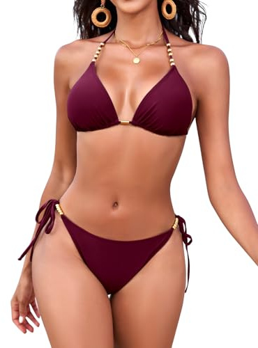 FemiChic Baddräkt för kvinnor tvådelad sexig triangel bikini med vadderad BH justerbara band och bas stringtrosa med låg midja för havet, Fuchsia, S