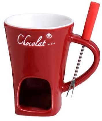 Chocolate Fondue Mug, Chocolate Melting Cup, Ceramic Fondue Cup with Festive Holiday Pattern for Cheese, Butter, Birthday, Christmas, Wedding Gift (Red)