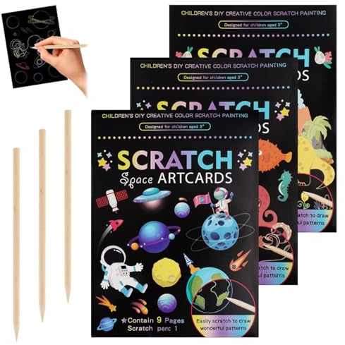 3 Pieces Magic Scratch Book with Wooden Pens, Dinosaurs, Underwater World, Spaceman Scratch Pictures,18.5 x 13.5 cm Rainbow Scratch Paper,Scratch Art Paper for School,Party and Family Activities