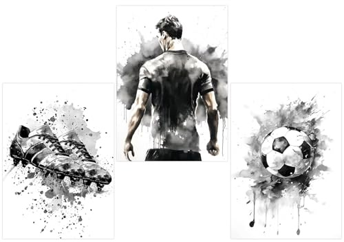 Shuqio 3 Stück Schwarz Weiß Fußball Wandbilder, 3er Poster Wandbilder mit Fußballschuhen, Ball & Spieler, Sport-Dekoration für Schlafzimmer, Spielzimmer, Jungenzimmer Ohne Rahmen (40 * 30cm)