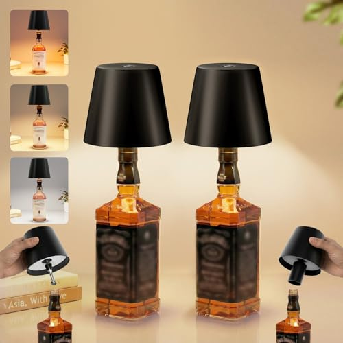 UPXNBOR 2 Pezzi Lampada per Bottiglia, Lampada da Tavolo Senza Fili Metallo | Abat-jour LED Ricaricabile per Interno Esterno, 3 Temperature Colore, Dimmerazione Continua, IP54, Corpo in Metallo, 5300 mAh