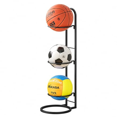 GOOGO Soporte para balones de 3 Niveles, Estante metálico Vertical extraíble, Organizador Expositor para Baloncesto, fútbol y Voleibol, Sala de Material Escolar