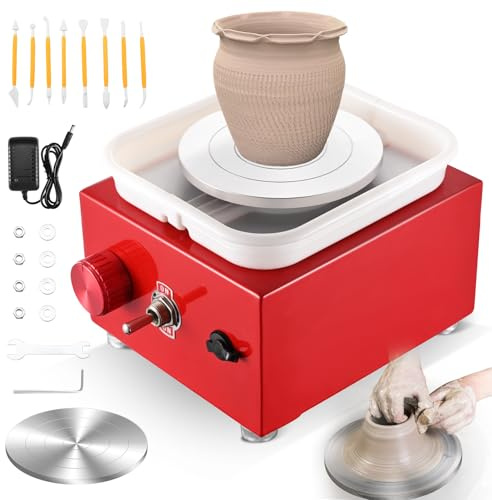 Töpferscheibe, Töpferscheibe Elektrisch mit 2000 U/min Einstellbare Geschwindigkeit, Pottery Wheel mit 6,5/10 cm Großen Platten Formwerkzeugen, Töpferscheibe Kinder und Erwachsene, Rot