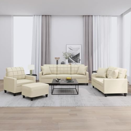 Augerqir 4-TLG. Sofagarnitur mit Kissen Creme Kunstleder, Couch Polstergarnitur für Wohnzimmer, Wohnlandschaft mit Armlehne und Rückenlehne, Ottomane für Lounge und Gästezimmer