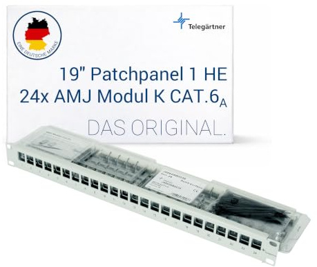 TELEGARTNER 19 Zoll Patchpanel 1HE 24-Port | Inklusive 24x AMJ-Modul K Cat.6A, T568A, integrierte Kabelabfangung, robustes Stahlblech-Gehäuse, PoE+ geeignet