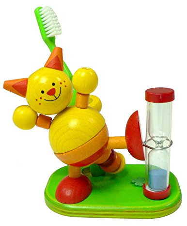 Hess Holzspielzeug 14521 - Zahnputzuhr aus Holz für Kinder, Serie Katze, inkl. Zahnbürstenhalter und drehbarer Sanduhr, handgefertigt, zur täglichen Nutzung beim Zähneputzen