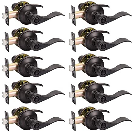 KNOBWELL 10 Pack Oil Rubbed Bronze Door Handle, Privacy Door Lever Bed and Bath Door Knobs, Wave Style Brushed Bronze Door Handles with Lock