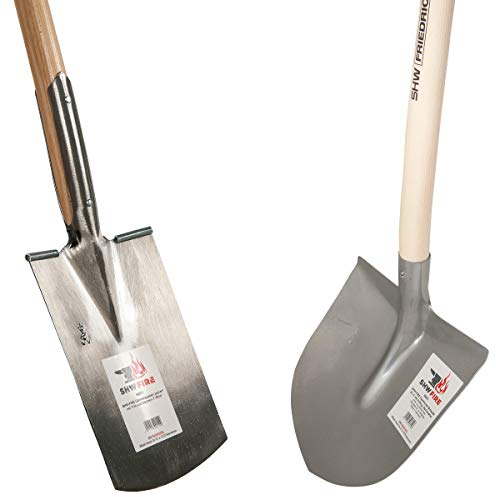 Frankfurter Schaufel mit Aufbug Set Silber mit Stiel 130cm + Gärtnerspaten Spaten Trittkante mit Holzstiel Eschenholz 95cm von SHW-FIRE