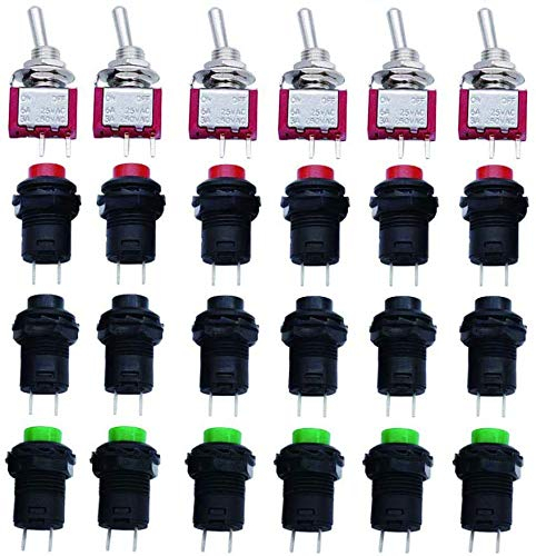 VISSQH 18pcs 12mm Pulsador pulsador redondo Interruptor de botón de Bloqueo+6pcs interruptor palanca Mini para Trompeta de Coche, PC, Lámpara de Mesa, Timbre de Casa