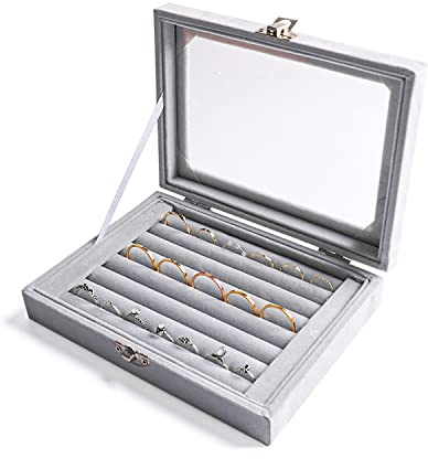 Frebeauty Bandeja pendientes y anillos 7 ranuras, tapa transparente | Tapa transparente, inserto de terciopelo para cajón, caja para guardar joyas, vitrina para joyas, regalo para mujer