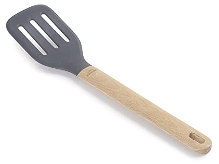 Lacor 68186 - Spatola perforata in silicone Unite, paletta professionale, manico in legno di faggio, non dance la padella, resistente alle alte temperature, senza BPA, 34 x 7,5 x 10,5 cm, grigio