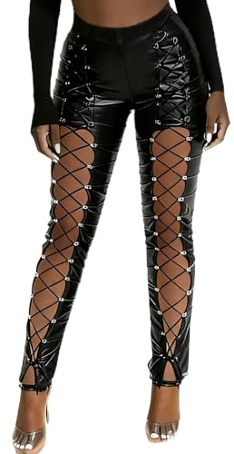 Nihsatin Women's Black PU Leather Eyelet Lace Up Trousers High Waist Hollow Out Skinny Leggings