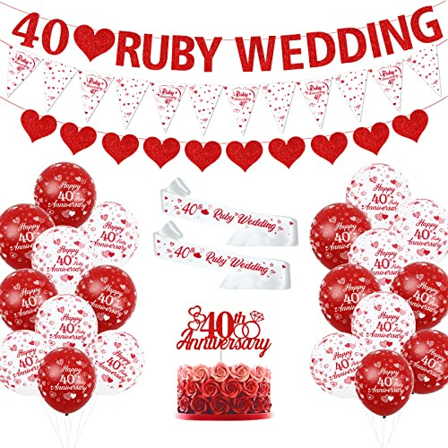 JOYMEMO 40th Wedding Anniversary Decorations, 40th Ruby Wedding Banner, Red Heart Rings Cake Topper Satin Sash Balloons for 40th Anniversary Party Supplies