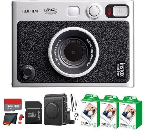Fujifilm Instax Mini EVO Hybrid Instant Camera (Black) Bundle with Instax-Mini Twin Pack Instant-Film 60 Sheets + 32GB Memory Card + Vintage Black Mini-Evo Camera Case + Cleaning Cloth