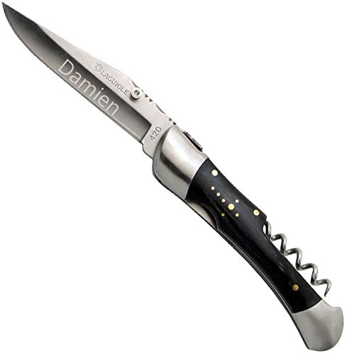 Ocadeau Taschenmesser mit persönlicher Textgravur auf der Klinge - Griff aus schwarzem Staminaholz und Klinge aus 420er Stahl mit TextgravurPersonalisierbares
