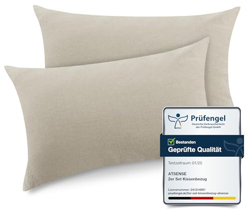 ATsense 2er Set Kissenbezug 40x80 cm - 100% Gewaschene Baumwolle, Beige-grau Kopfkissenbezug mit Reißverschluss, Oeko-TEX Zertifiziert Weich, Nicht Lleicht Verformbar
