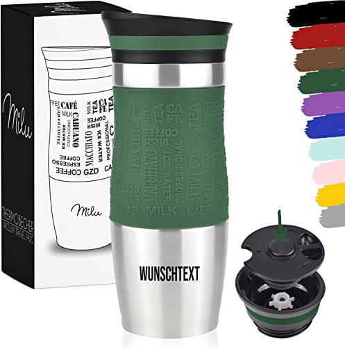 Milu Thermobecher 370ml mit Gravur - als Geschenk-Idee Ostern, Vatertag, Muttertag, Weihnachten, Einschulung, Liebesgeschenk, Geburtstag, Frauen und Männer Mama Papa Kinder (Olivgrün + Gravur)