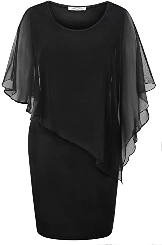 SeSe Code Party Dresses for Women 2026, Summer Wedding Guest Mesh Cape Overlay Bodycon Knee Length Cocktail Formal Pencil Dress Black L