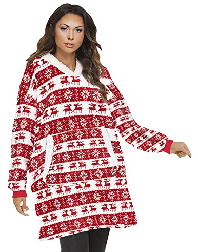 Coperta con cappuccio [ Plaid Natalizio Unisex ] Felpa indossabile on maniche in pile, oversize - Confortevole e morbida - Perfetta per feste ‘Uggly Sweater’ et le notti invernali sul divano
