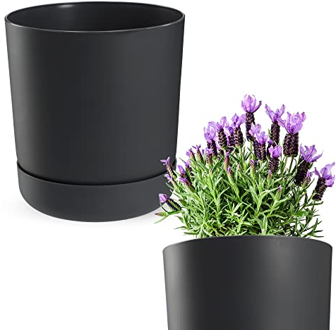 KADAX Pot de Fleurs Avec Soucoupe - Minimaliste et Décoratif en Plastique pour Fleurs, Cactus et Herbes (20 cm, Anthracite)