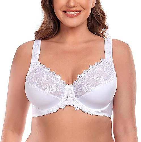 Ayigedu Women's Full Coverage Minimiser Bra Floral Lace Non Padded Plus Size Underwired Bra 38F White