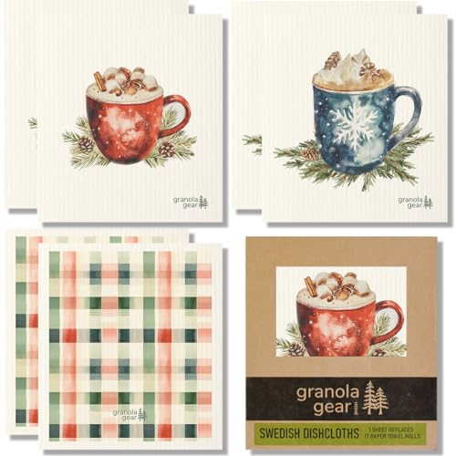 Home by GranolaGear-Premium Christmas Swedish Dishcloths for Kitchen 6-Pack Reusable Paper Towels, Eco-Friendly, Compostable, Biodegradable Dish Wash Cloths, Washable Sponge, Watercolor-Hot Cocoa Bar