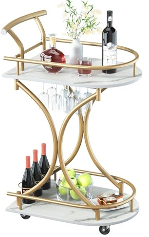 Maiproo Bar Cart with Wheels Handle Rolling Home Bar Serving Carts 2 Tier Curved Anti-Collision Storage Small Trolley with Wine Rack and Glass Holder for Kitchen Dining Room Living Room Gold